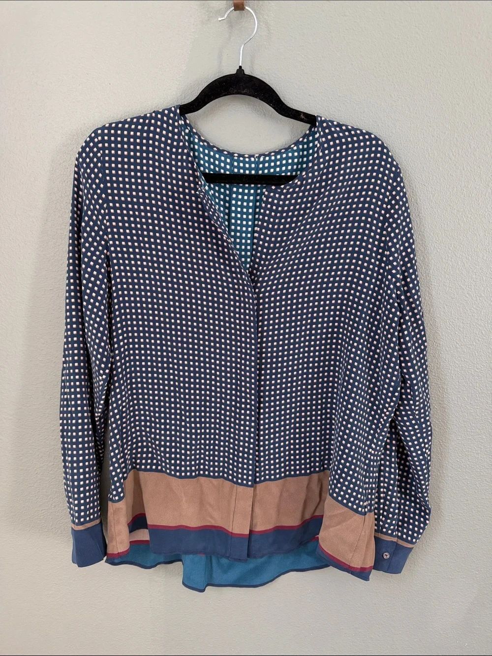 100% Silk Sz M Women Blouse Navy Green Maroon